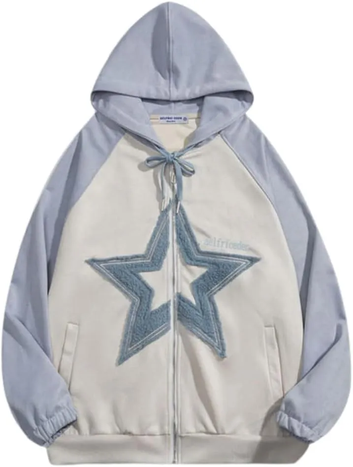 Aelfric Eden Suede Star Patchwork Full Zip Up Hoodie Oversized Graphic Hoodies Y2K Hooded Casual Sweatshirts Jackets