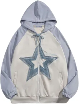 Aelfric Eden Suede Star Patchwork Full Zip Up Hoodie Oversized Graphic Hoodies Y2K Hooded Casual Sweatshirts Jackets