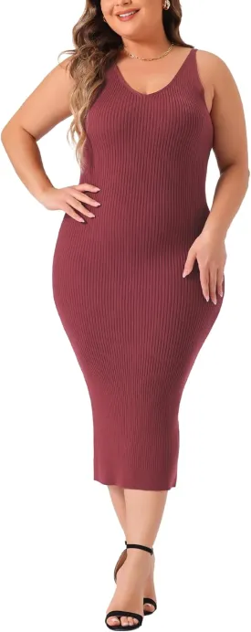 Agnes Orinda Plus Size Sweater Dress for Women Sleeveless V Neck Ribbed Knit Bodycon Midi Sweater Cami Dresses