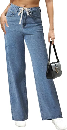 Allimy Womens Drawstring High Waist Wide Leg Jeans Straight Leg Washed Denim Jeans Pants