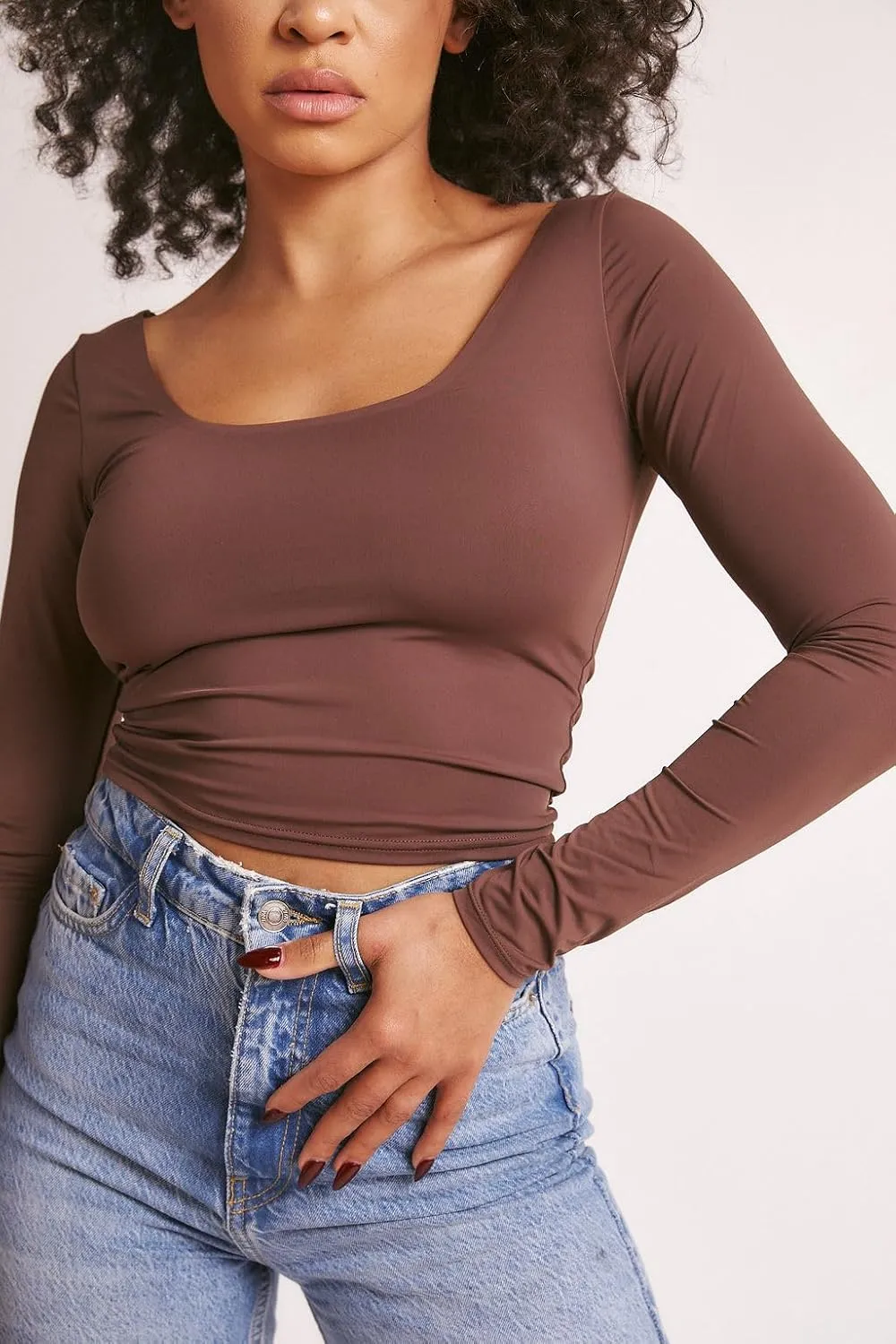 Almere Long Sleeve Top for Women, Contour Double-Lined Seamless Smooth Fabric Sleeved Basic Top w/Low Neck Cut