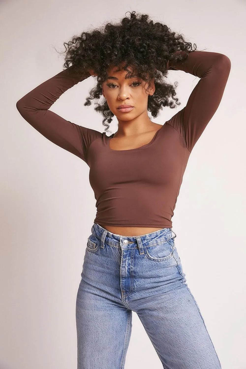 Almere Long Sleeve Top for Women, Contour Double-Lined Seamless Smooth Fabric Sleeved Basic Top w/Low Neck Cut