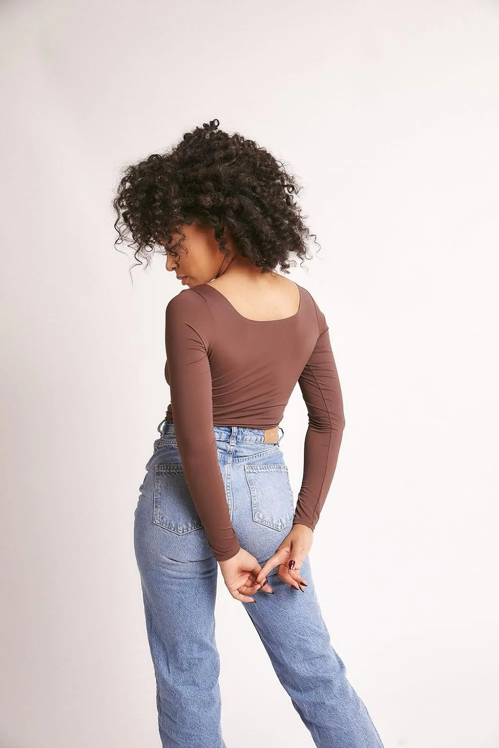 Almere Long Sleeve Top for Women, Contour Double-Lined Seamless Smooth Fabric Sleeved Basic Top w/Low Neck Cut