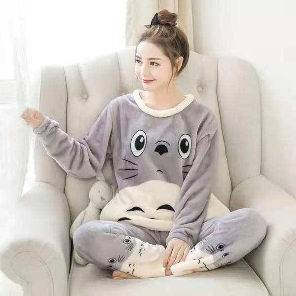 Animal Print Long Flannel Pajamas with Pockets
