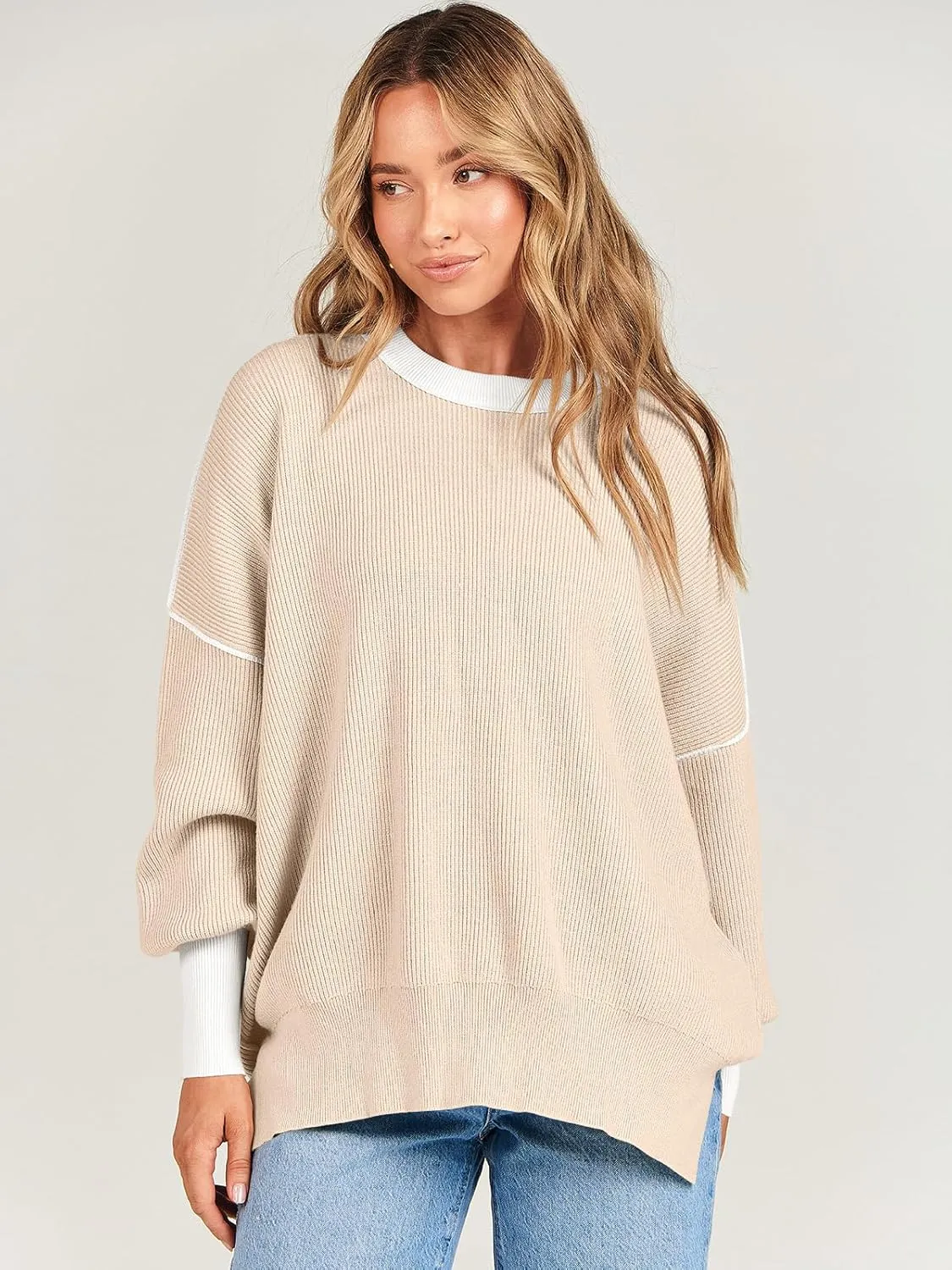 ANRABESS Womens Oversized Sweaters Fall 2025 Fashion Crewneck Batwing Long Sleeve Side Slit Knit Pullover Sweater Tops