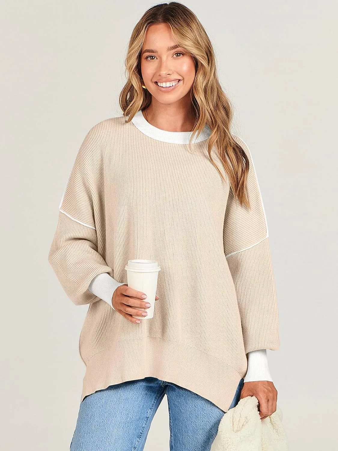 ANRABESS Womens Oversized Sweaters Fall 2025 Fashion Crewneck Batwing Long Sleeve Side Slit Knit Pullover Sweater Tops