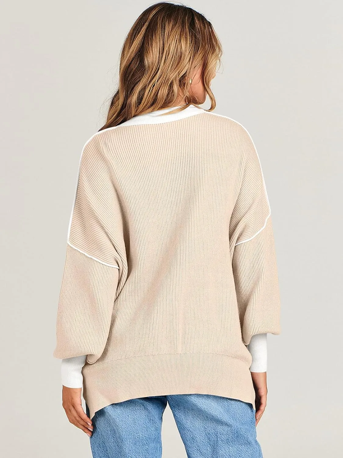 ANRABESS Womens Oversized Sweaters Fall 2025 Fashion Crewneck Batwing Long Sleeve Side Slit Knit Pullover Sweater Tops
