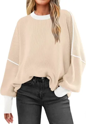 ANRABESS Womens Oversized Sweaters Fall 2025 Fashion Crewneck Batwing Long Sleeve Side Slit Knit Pullover Sweater Tops