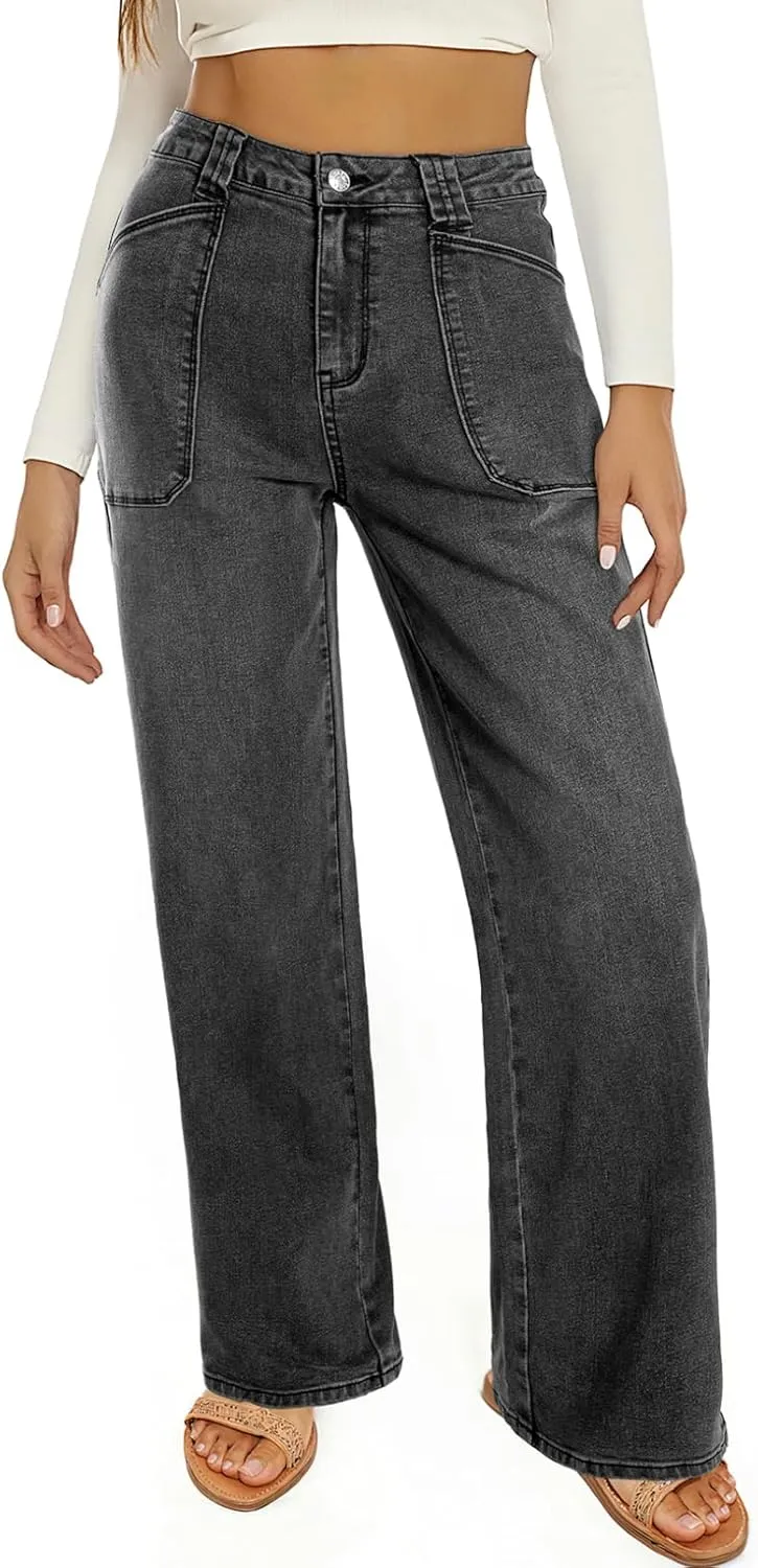 Astylish Women??s High Waisted Straight Leg Jeans Stretchy Wide Leg Jeans Trendy Denim Pants