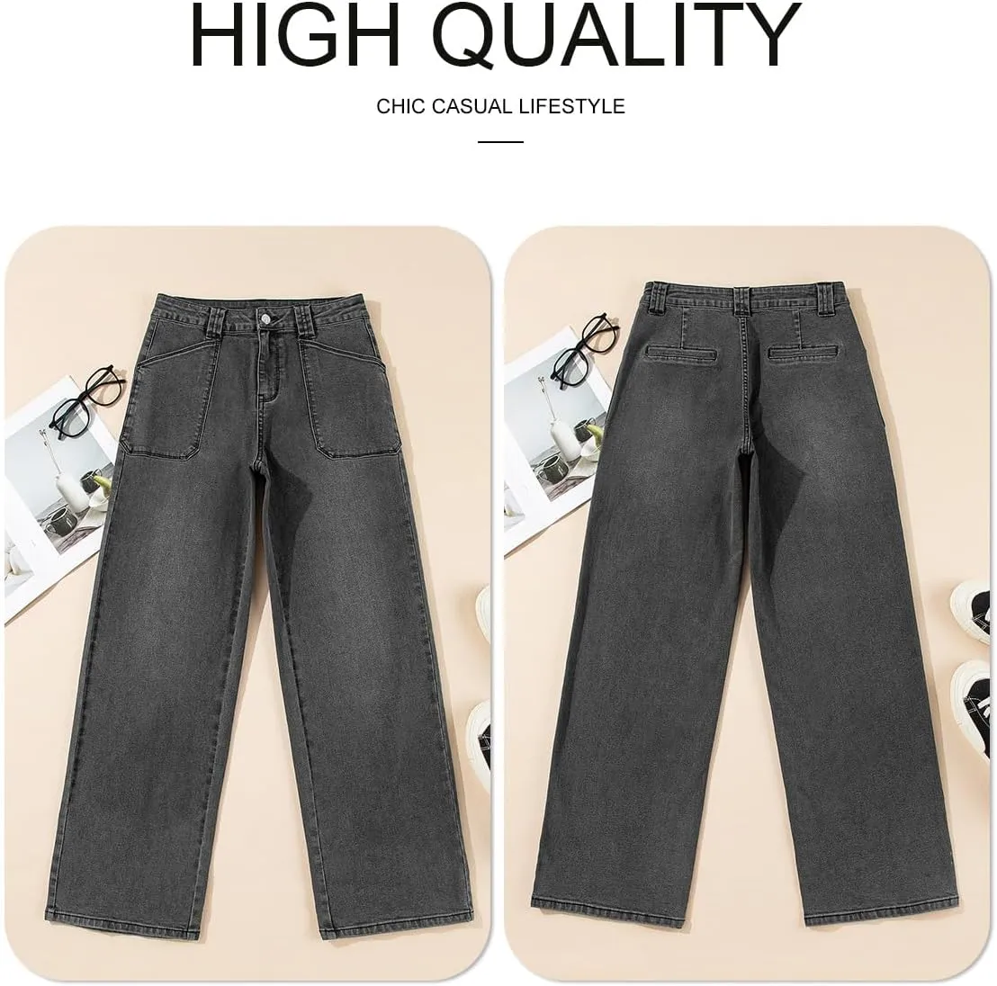 Astylish Women??s High Waisted Straight Leg Jeans Stretchy Wide Leg Jeans Trendy Denim Pants