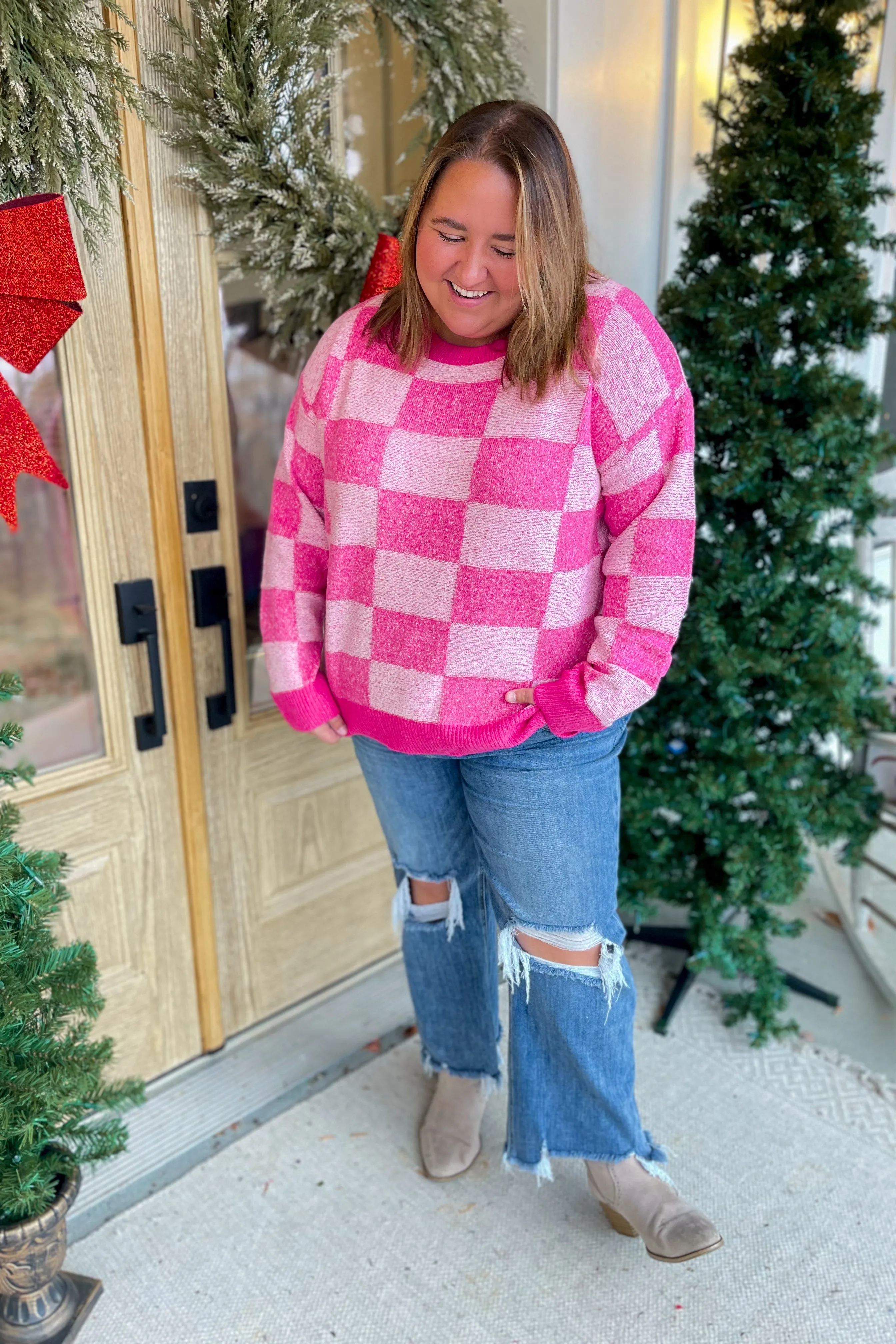 Aurora Heather Effect Long Sleeve Checker Sweater
