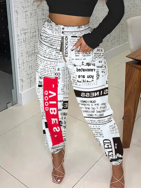 Autumn Newspaper Print High Waist^