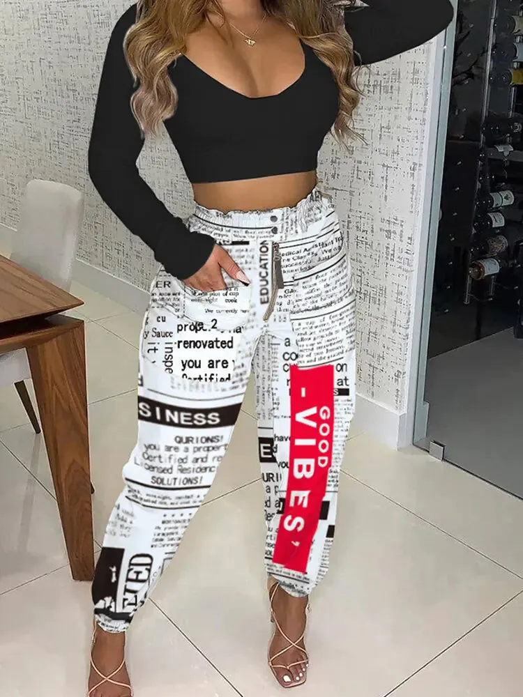 Autumn Newspaper Print High Waist^