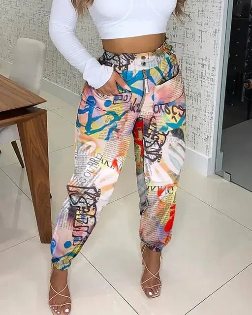 Autumn Newspaper Print High Waist^