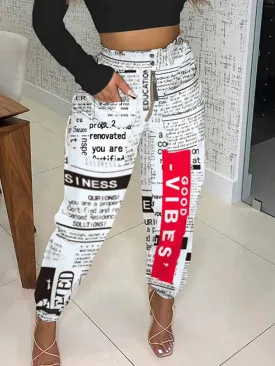 Autumn Newspaper Print High Waist^
