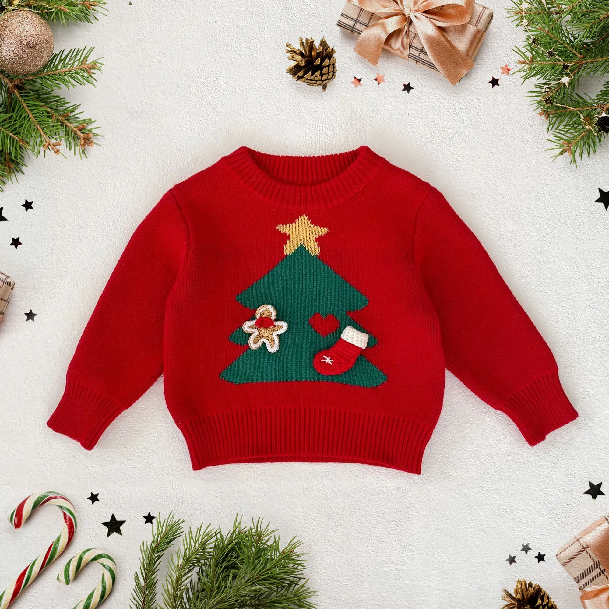 Baby Red Knitted Sweater for First Christmas, Winter Kids Outfit