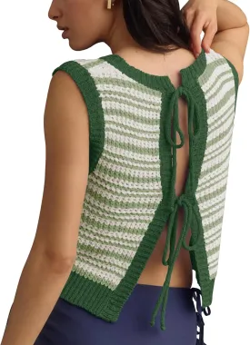 Balimtoy Womens Tie Back Sweater Vest Top Cute Sleeveless Backless Crochet Tank Top Y2k Crop Cardigan Vest