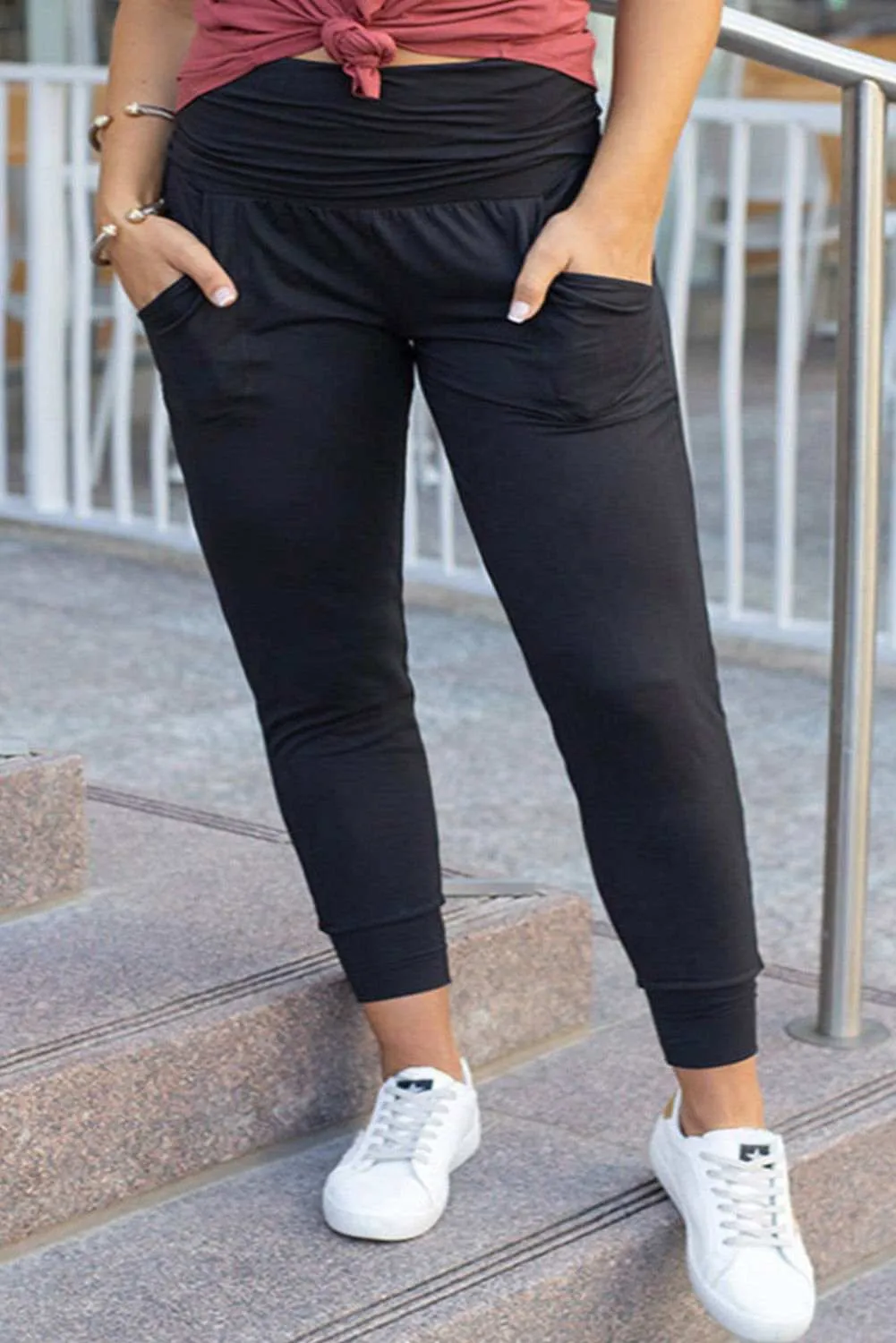 Black Plus Size High Waist Pocketed Skinny Pants - Stylish Fit