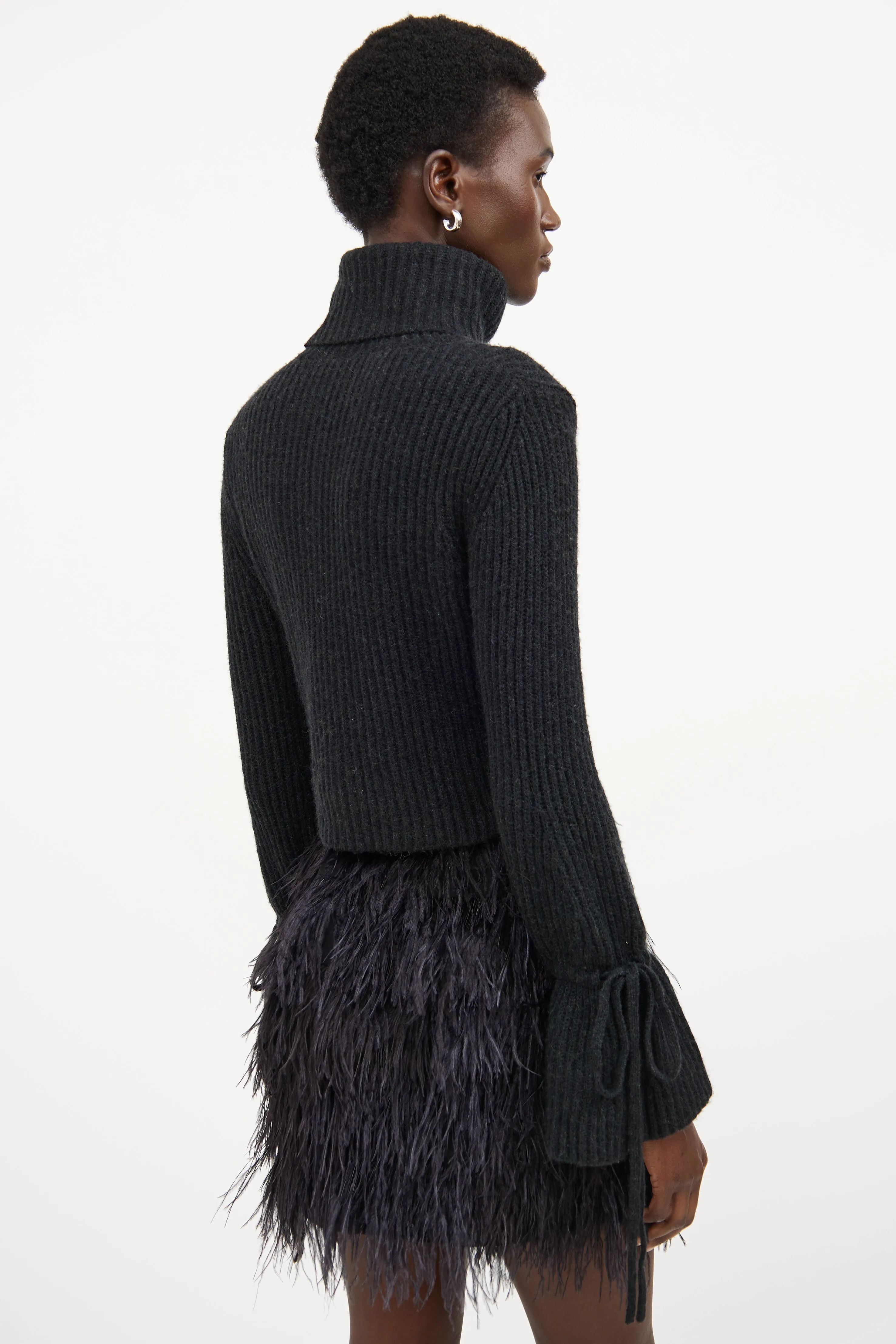 Black Wool Knit Cropped Drawstring Sweater