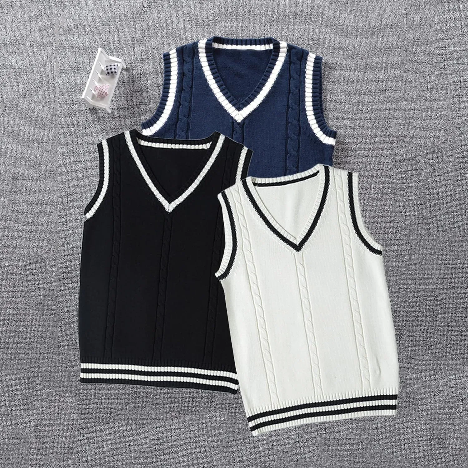 Blostirno Womens Sweater Vest V Neck JK Uniform Kint Vests Solid Classic Sleeveless Pullover Sweaters Tops