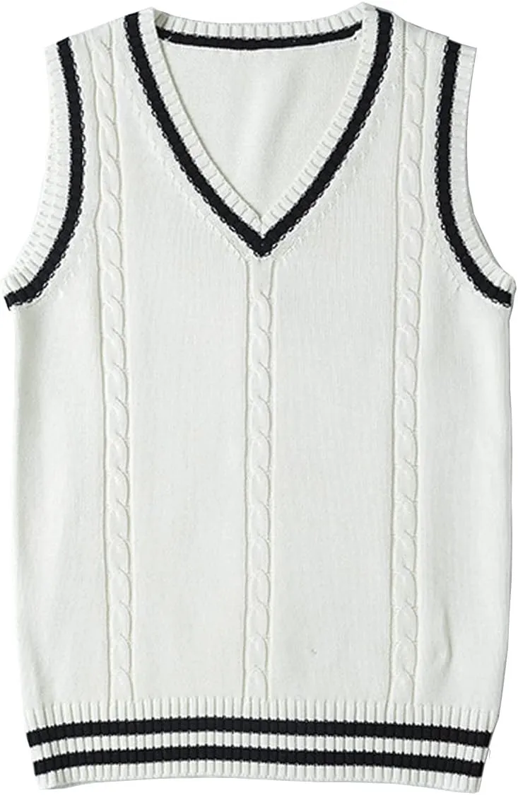 Blostirno Womens Sweater Vest V Neck JK Uniform Kint Vests Solid Classic Sleeveless Pullover Sweaters Tops