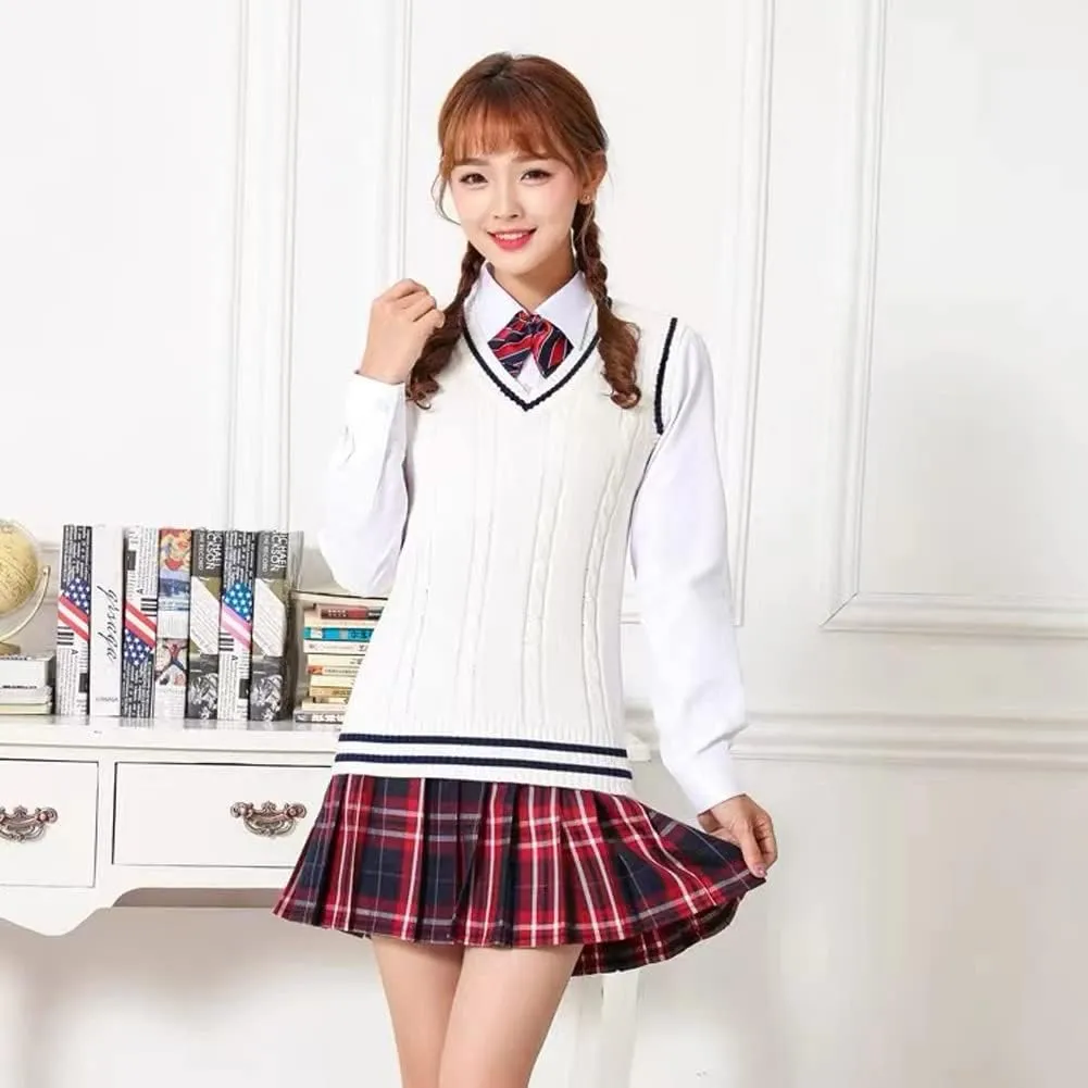 Blostirno Womens Sweater Vest V Neck JK Uniform Kint Vests Solid Classic Sleeveless Pullover Sweaters Tops