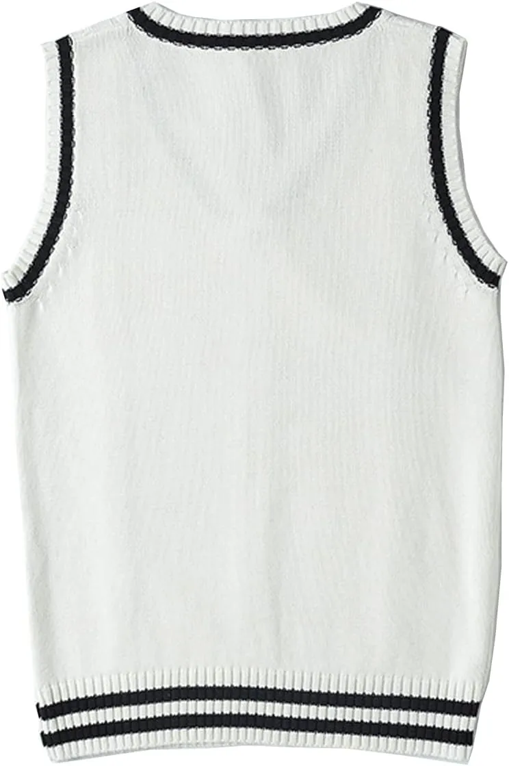 Blostirno Womens Sweater Vest V Neck JK Uniform Kint Vests Solid Classic Sleeveless Pullover Sweaters Tops