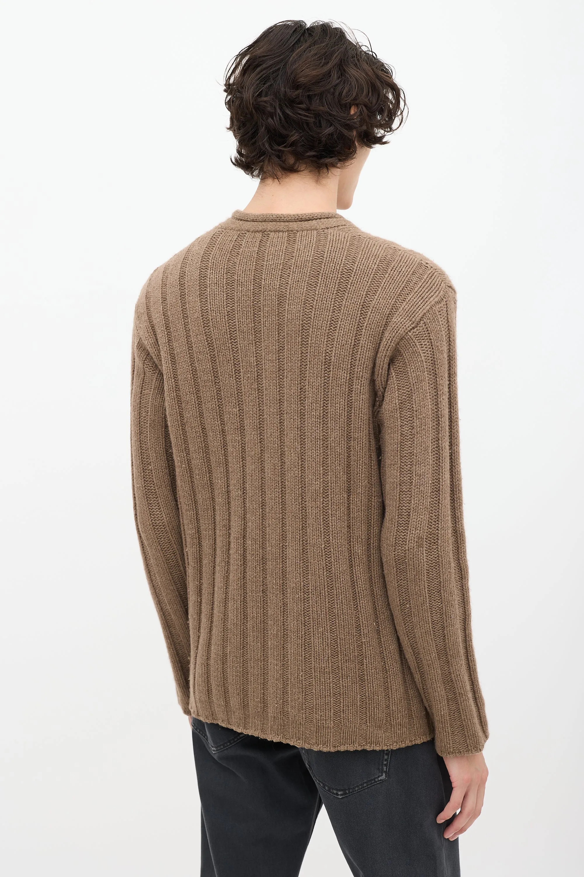 Brown Cashmere Ribbed Knit V-Neck Sweater