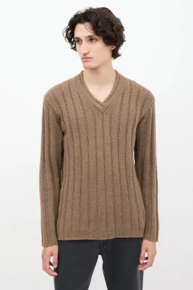 Brown Cashmere Ribbed Knit V-Neck Sweater
