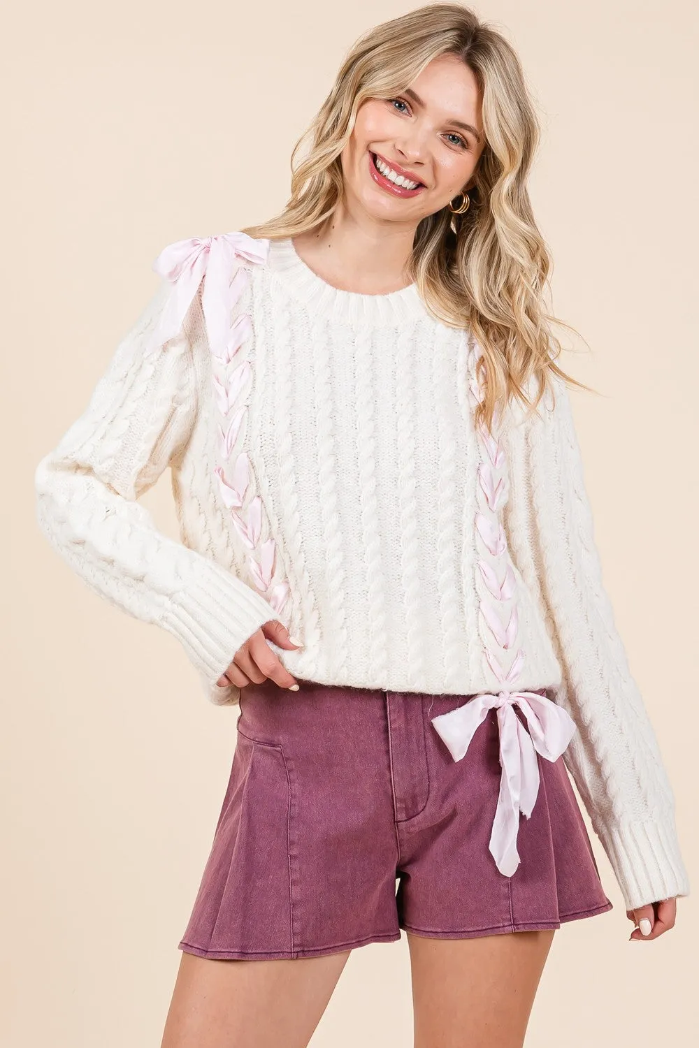 Calhoun Ribbon Thread Detail Cable Knit Sweater [S~3X]