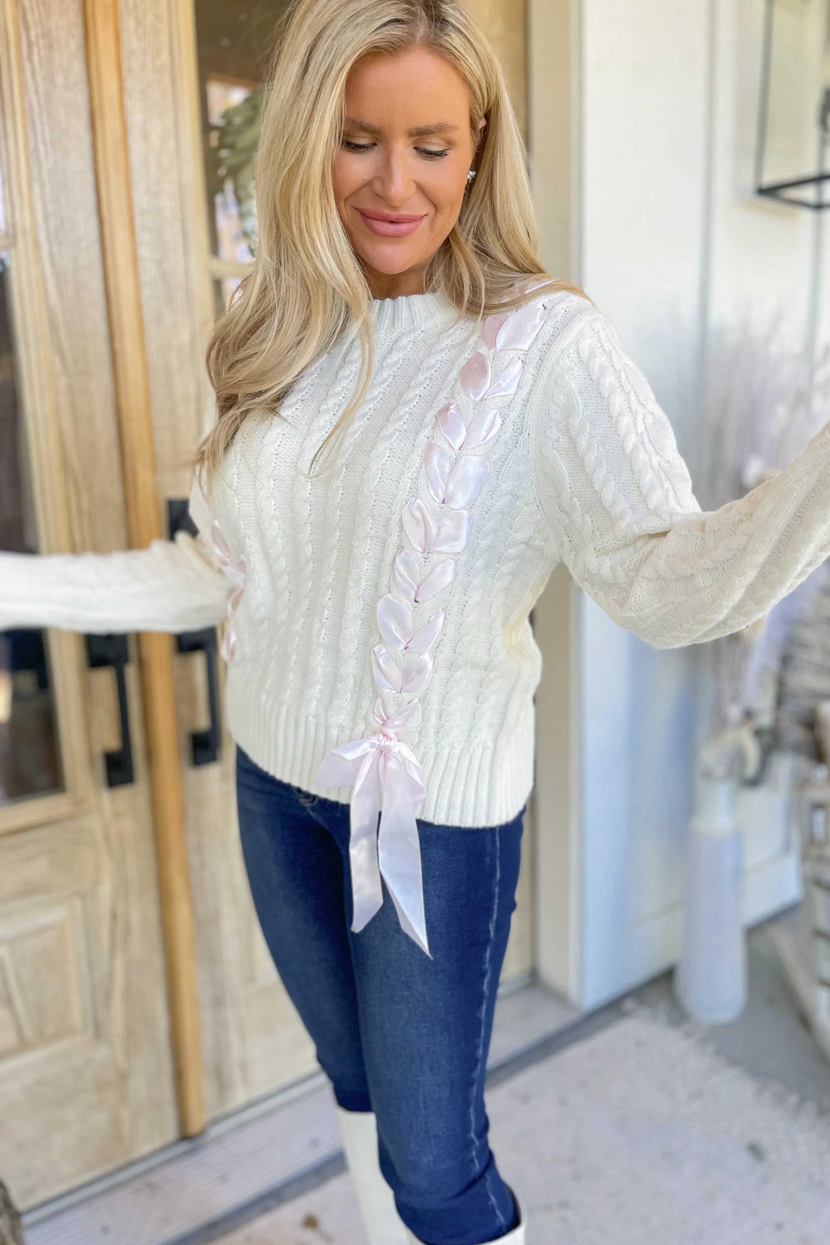 Calhoun Ribbon Thread Detail Cable Knit Sweater [S~3X]