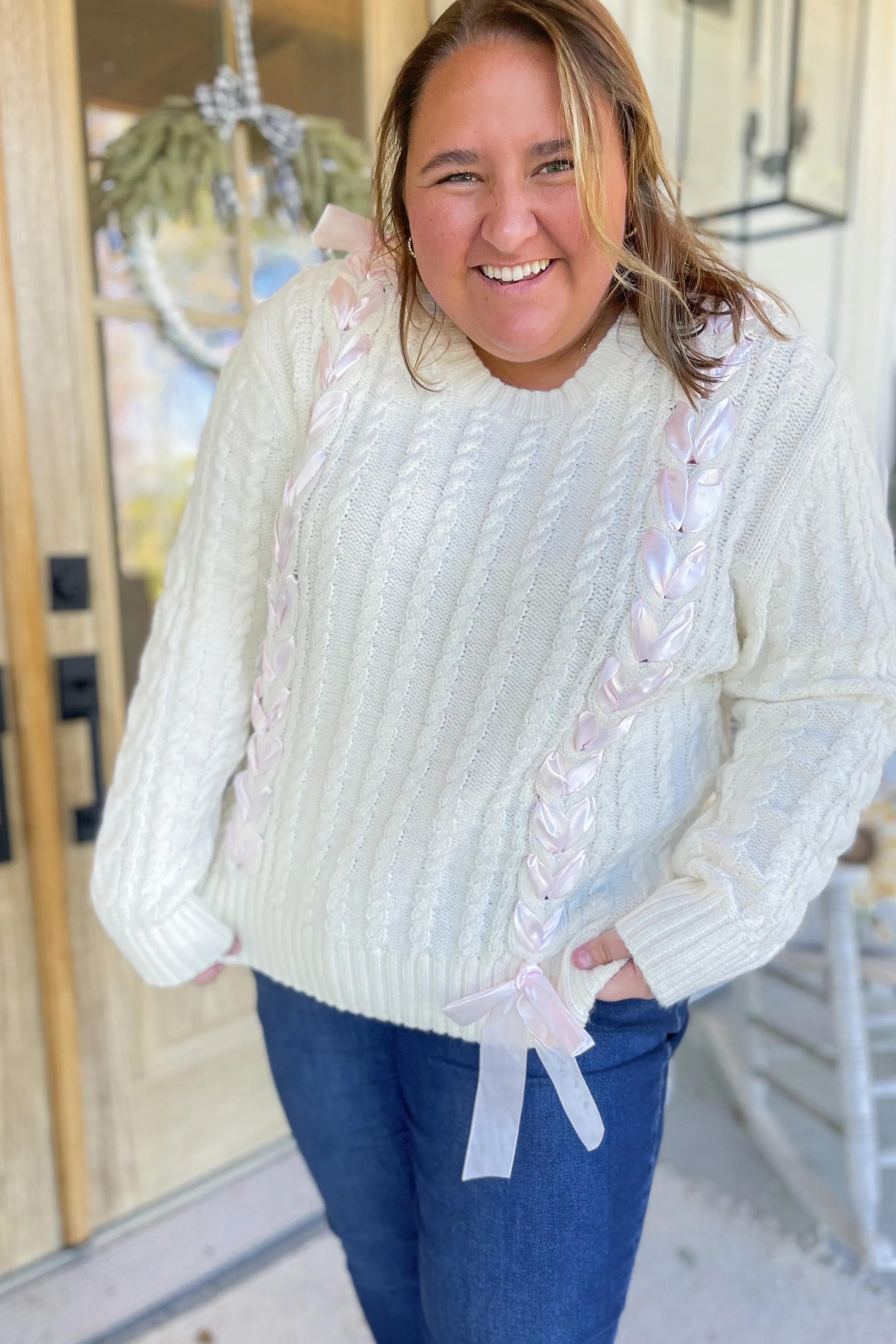 Calhoun Ribbon Thread Detail Cable Knit Sweater [S~3X]