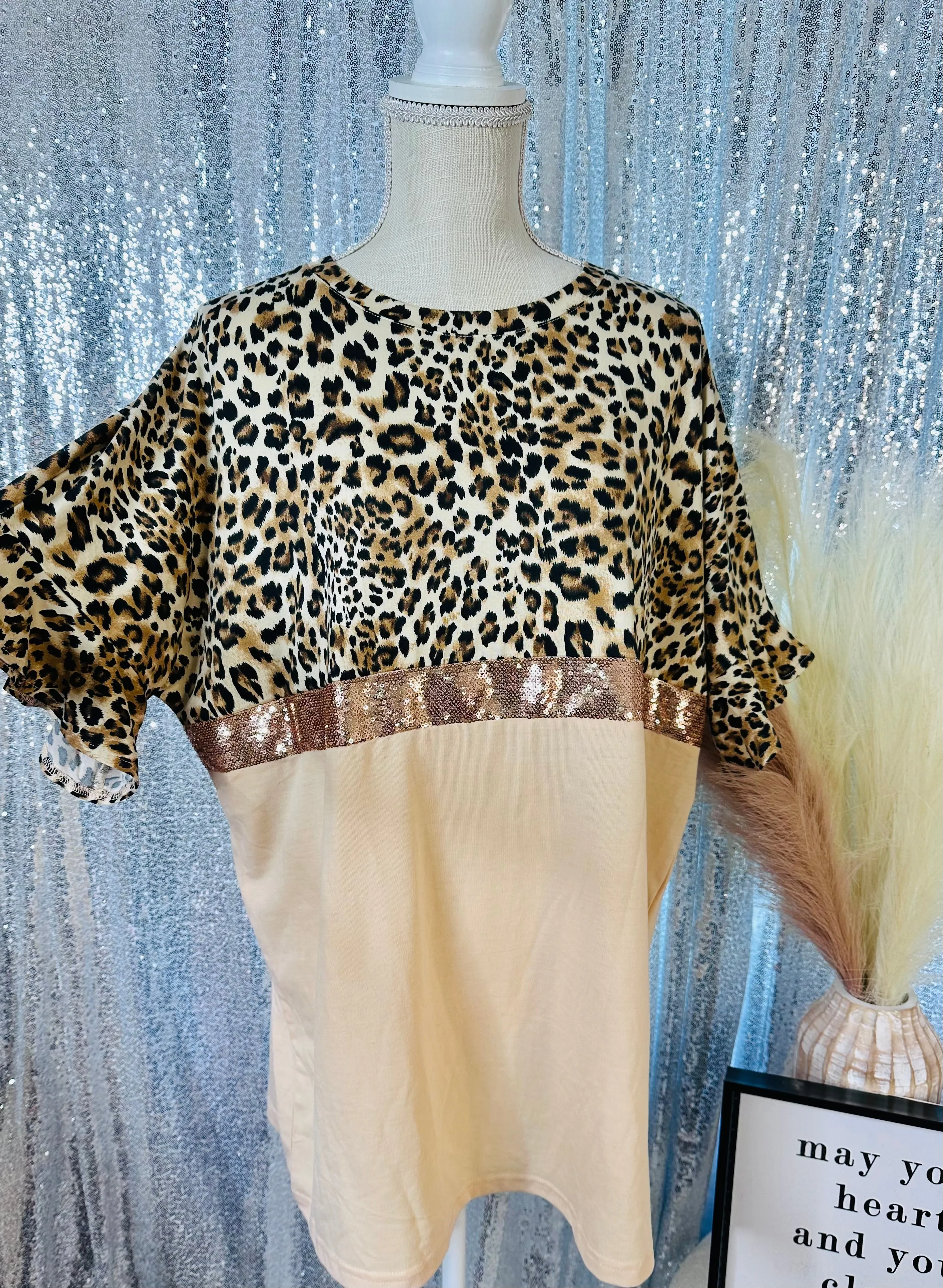 Cheetah Sparkle Block Top With Ruffle Sleeves