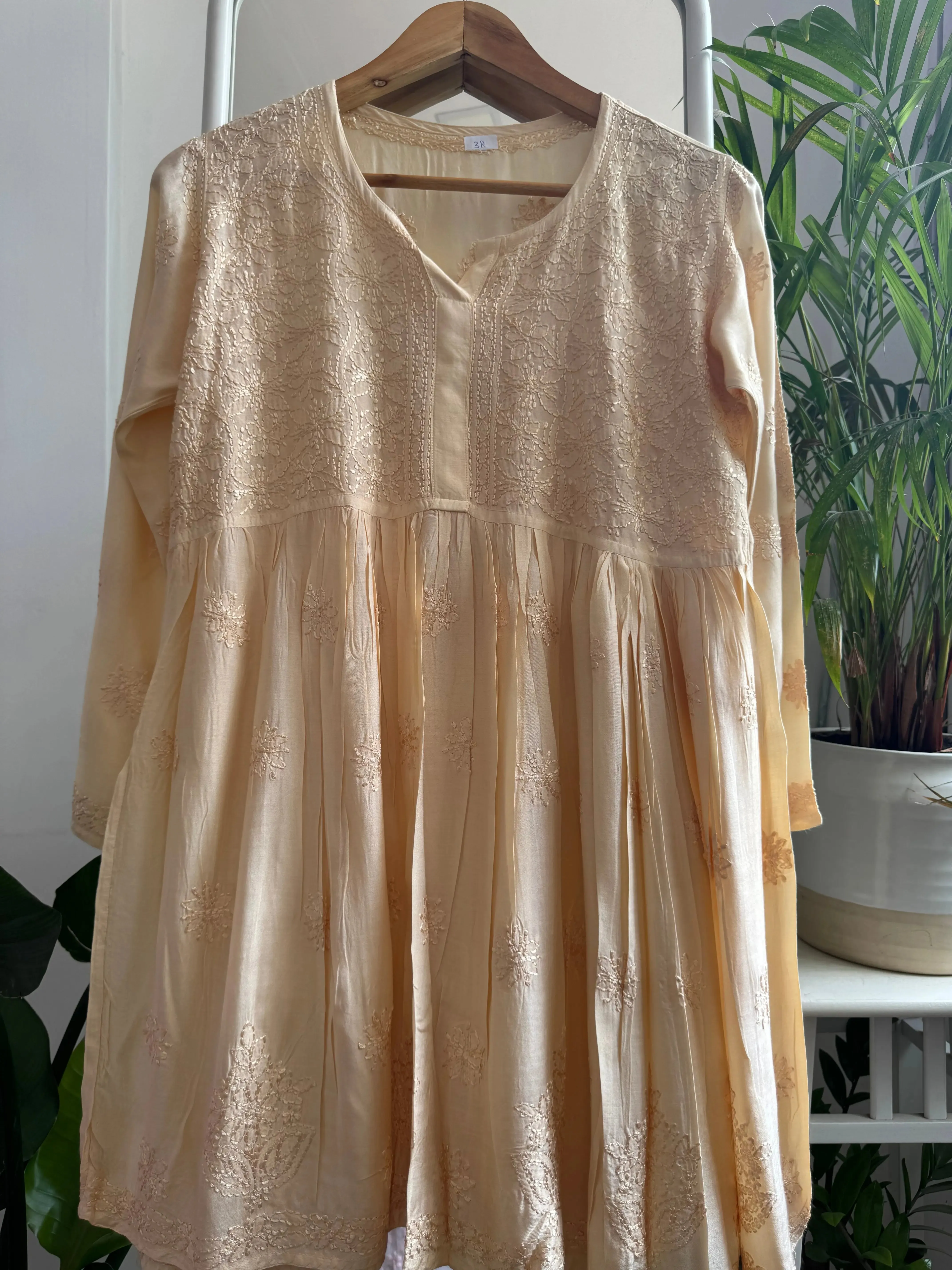 Chikankari Muslin Peplum short Top in Beige