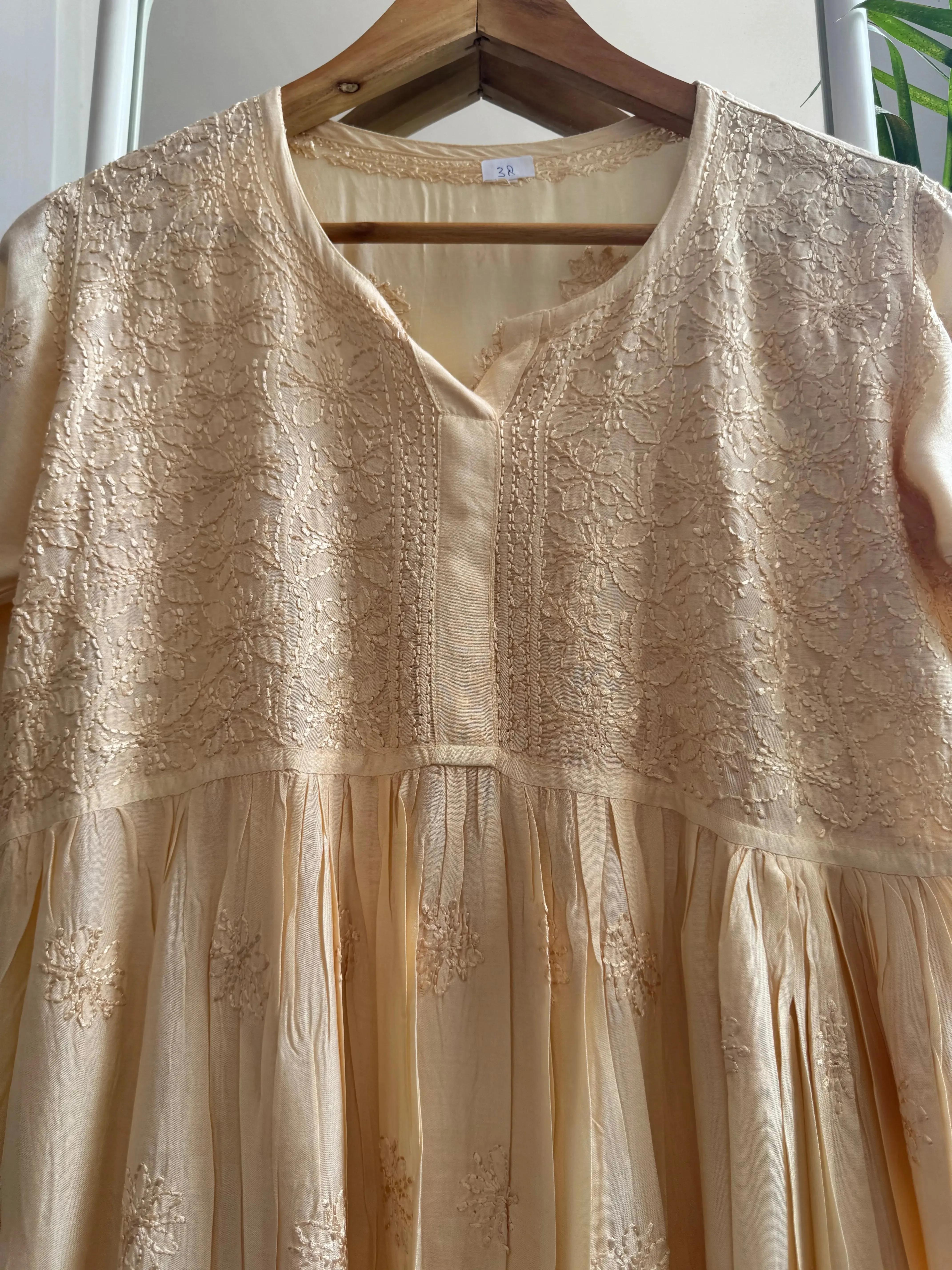 Chikankari Muslin Peplum short Top in Beige