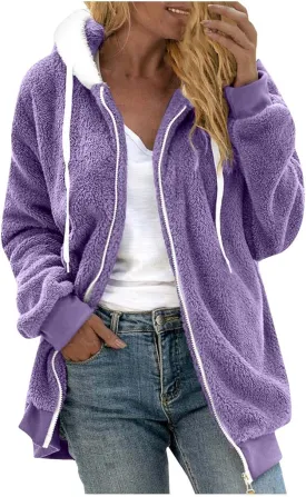Coats for Women, Women's Fashion Casual Loose Plush Striped Zipper Long Sleeve Stitching Hooded Jacket Coat