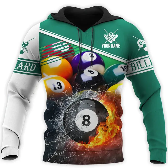 Custom Name Billiard Sweatshirt Shirt, Billiard Fire Colorful Hoodies, Billiard Team Uniform, Gift For Billiard Player