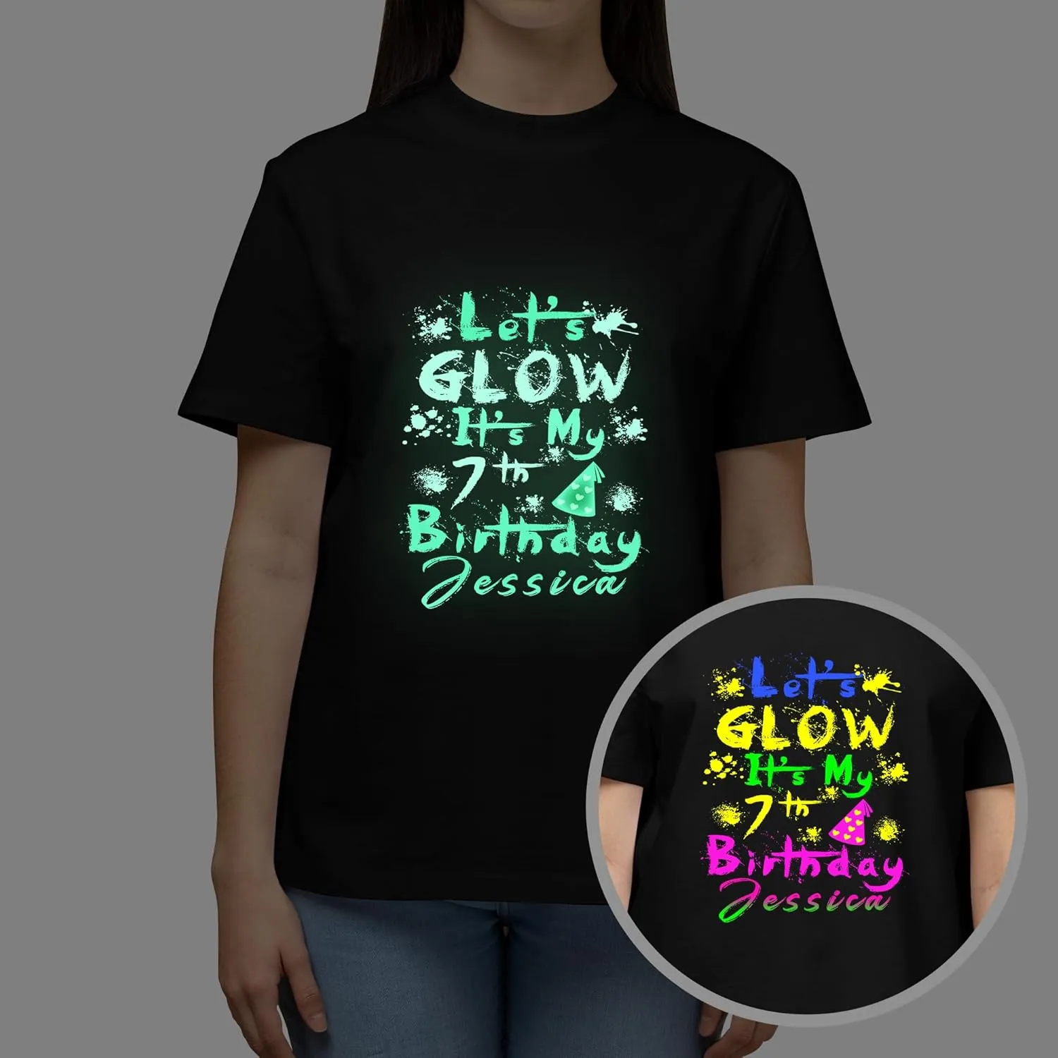 Custom Personalized Name Party Tee, Women's Glow in The Dark T-Shirt, Glow Birthday T-Shirt for Girl Mom Girlfriend Wife