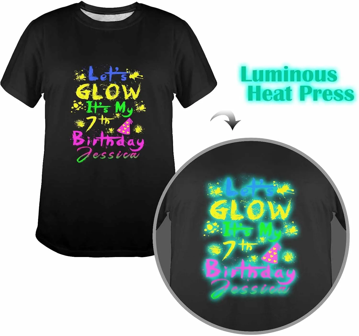 Custom Personalized Name Party Tee, Women's Glow in The Dark T-Shirt, Glow Birthday T-Shirt for Girl Mom Girlfriend Wife