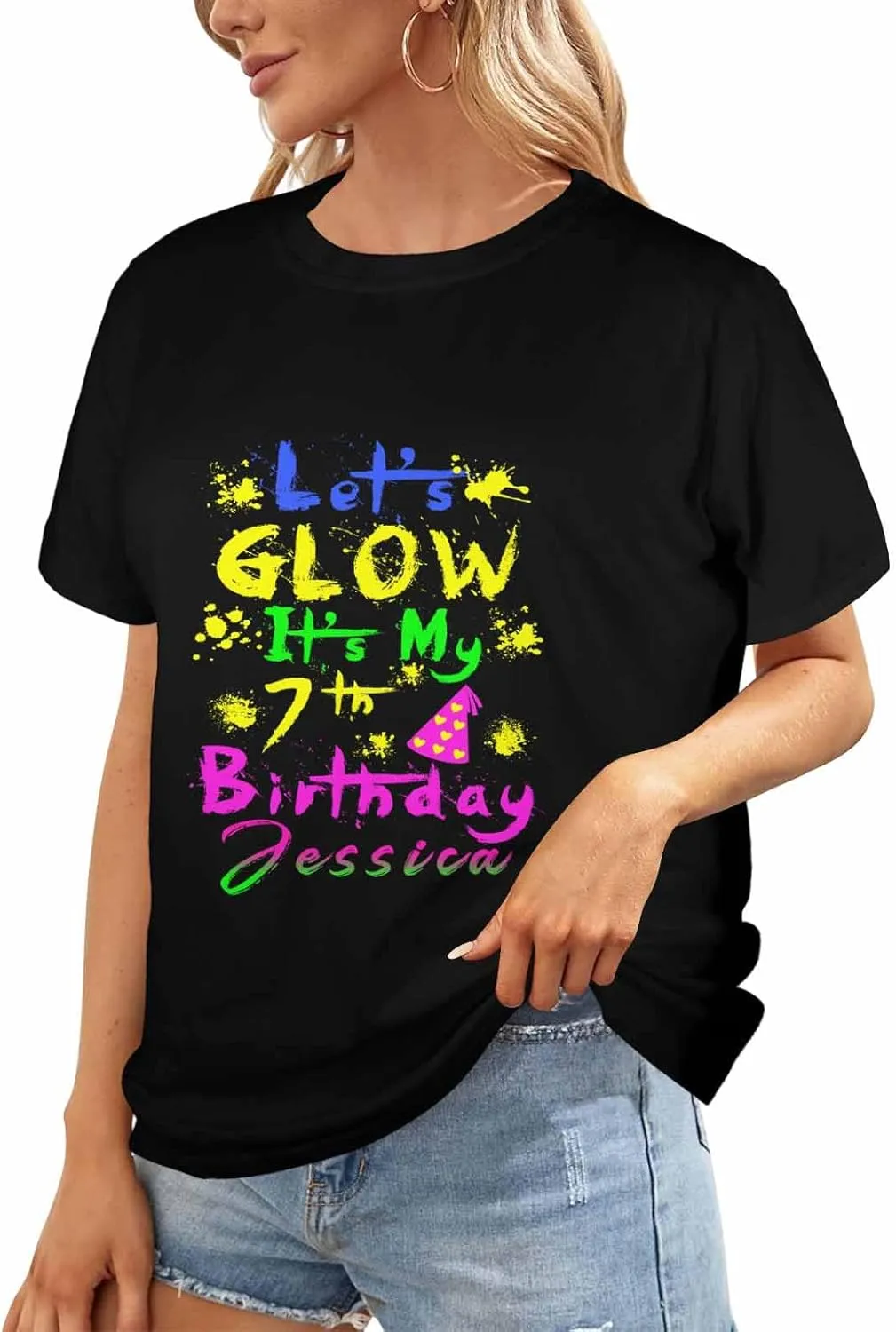 Custom Personalized Name Party Tee, Women's Glow in The Dark T-Shirt, Glow Birthday T-Shirt for Girl Mom Girlfriend Wife
