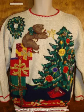 Cute Bear Decorating a Tree 80s Xmas Sweater