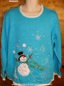 Cute Bright Blue Holiday Sweater with Snowman