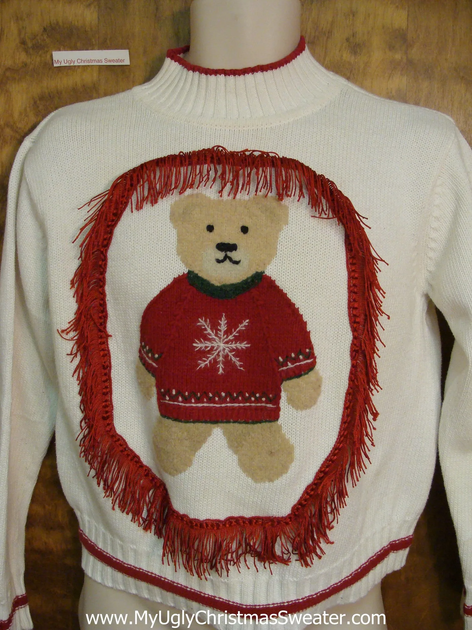Cute Teddy Bear with Fringe Ugly Christmas Sweater Pullover