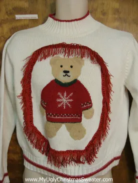 Cute Teddy Bear with Fringe Ugly Christmas Sweater Pullover