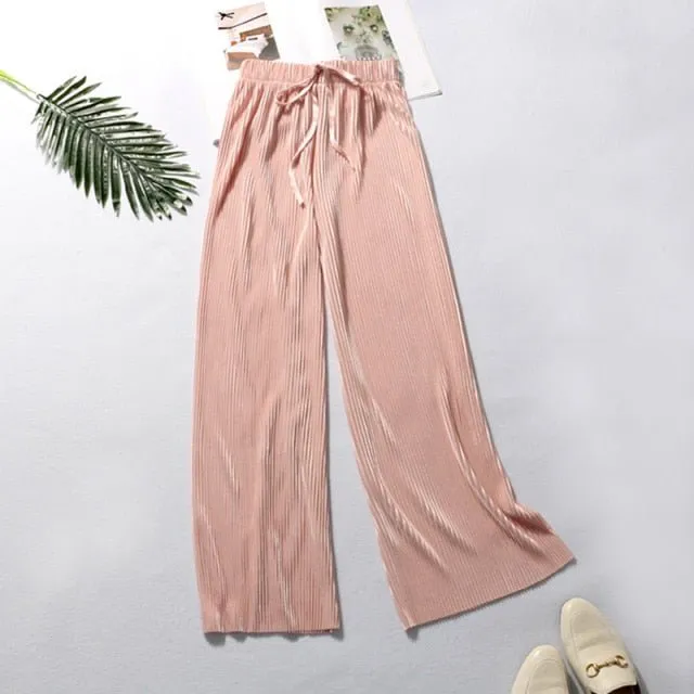 DASSWEI Dazzling Wide Leg Elastic High Waist Pleated Pants