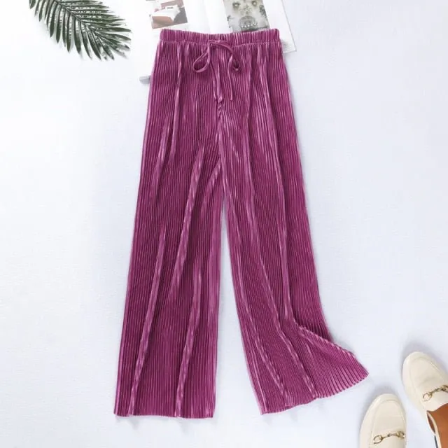 DASSWEI Dazzling Wide Leg Elastic High Waist Pleated Pants