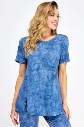 Denim Print Round Neck Short Sleeve Slit Top-3079HT-SRD1-D003