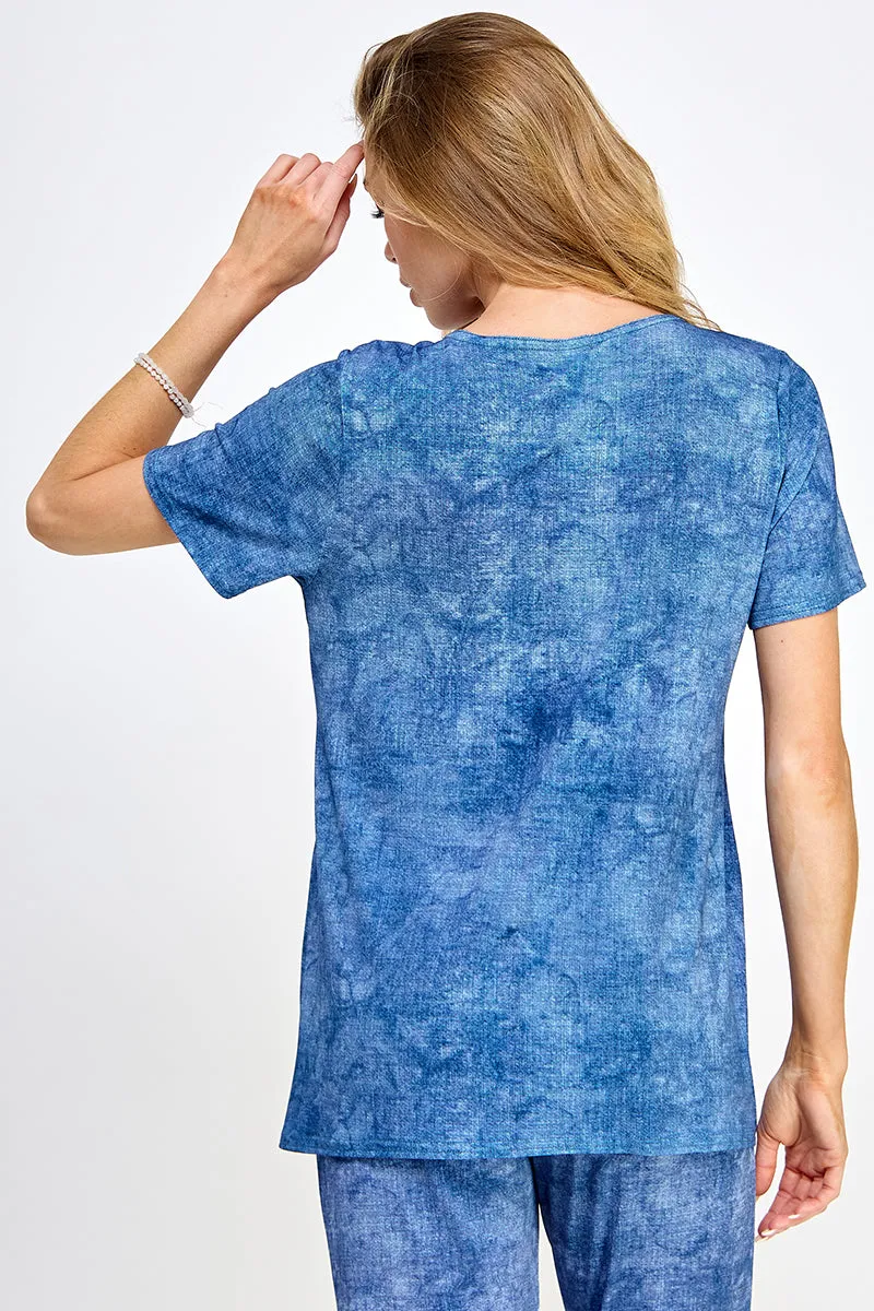 Denim Print Round Neck Short Sleeve Slit Top-3079HT-SRD1-D003