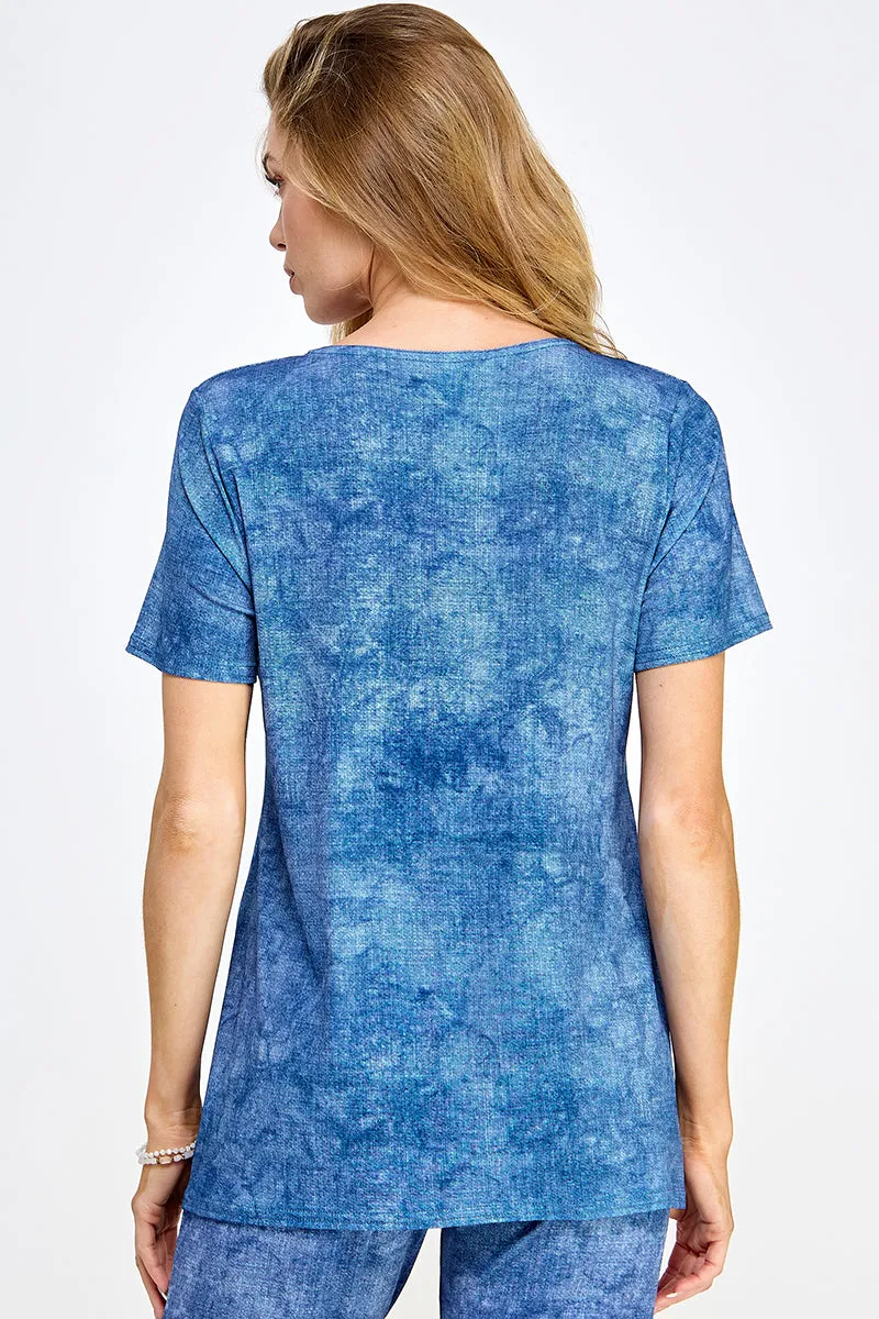 Denim Print Round Neck Short Sleeve Slit Top-3079HT-SRD1-D003