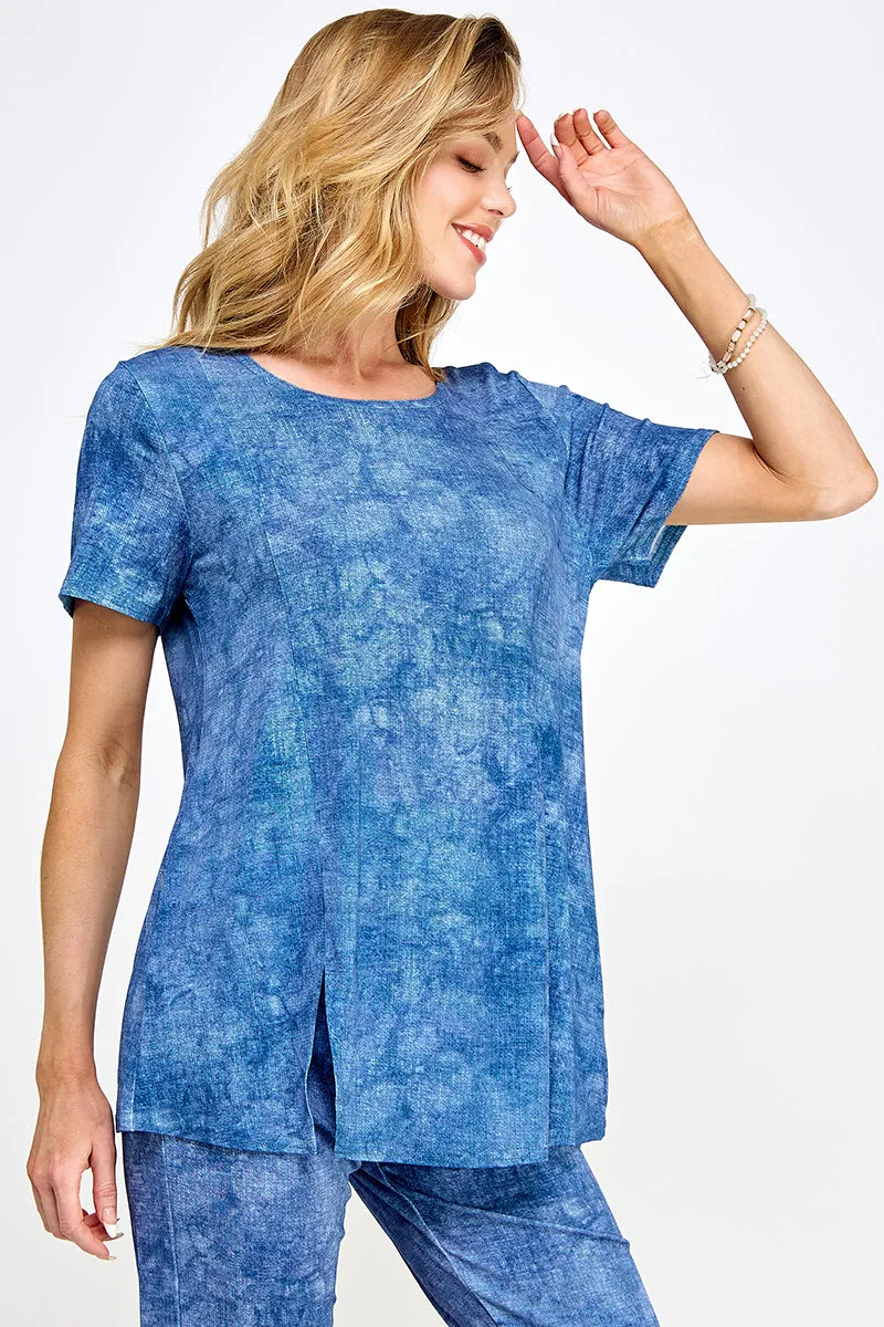 Denim Print Round Neck Short Sleeve Slit Top-3079HT-SRD1-D003